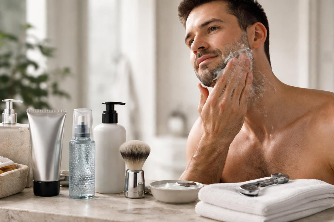 Men applying clear shaving gel for a smooth shave