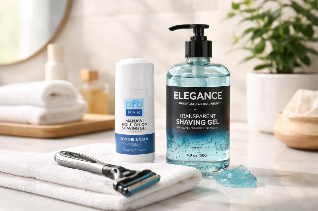 Close-up of men's shaving gel and razor in Toronto bathroom