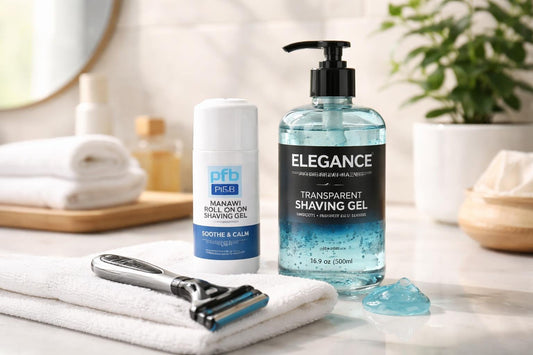 Close-up of men's shaving gel and razor in Toronto bathroom