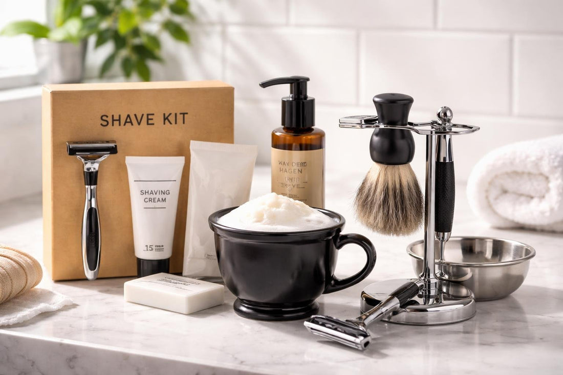 Men’s shaving kit with brush and razor on tile