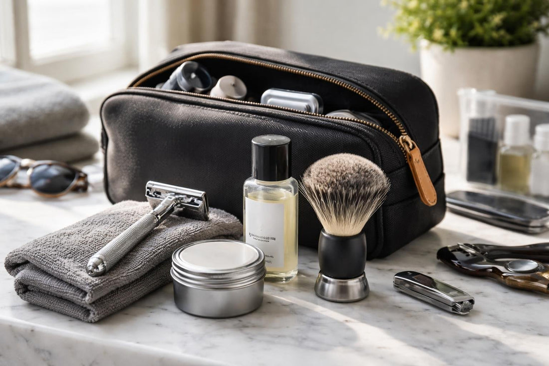 Compact men's shaving accessories packed for travel