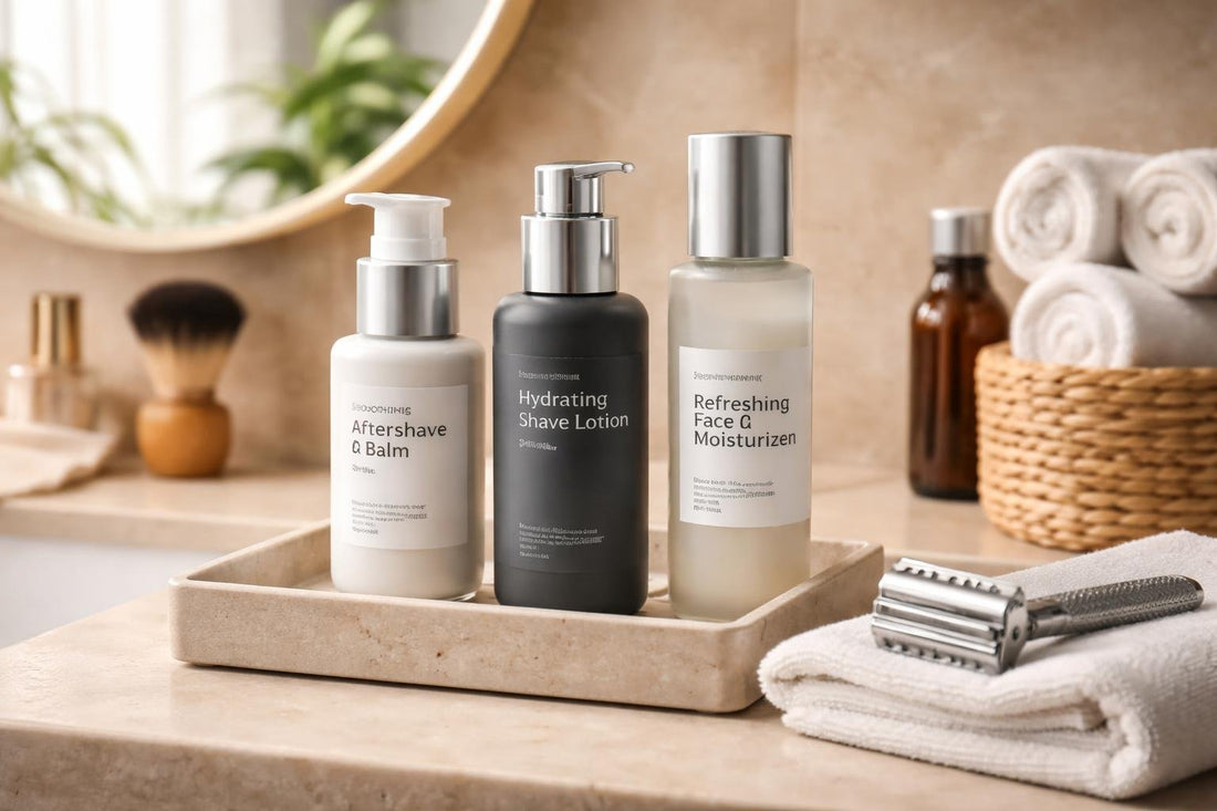 Men applying soothing shaving lotion during seasonal skincare routine