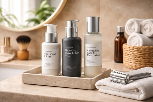 Men applying soothing shaving lotion during seasonal skincare routine