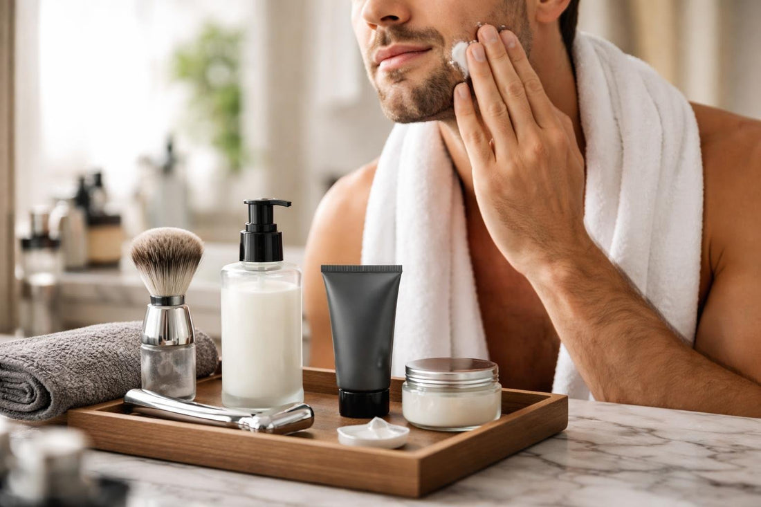 Man applying aftershave lotion for calm, smooth skin