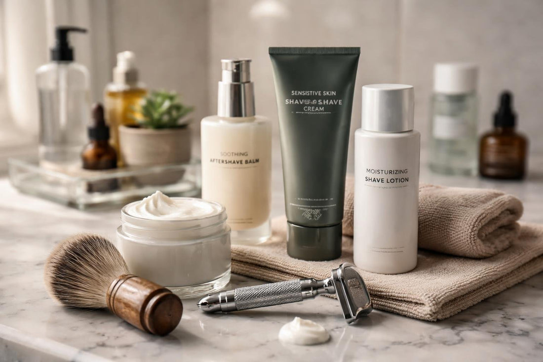 Men applying shaving lotion for sensitive winter skin