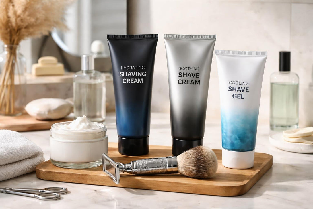 Men's shaving cream and gel tubes on counter