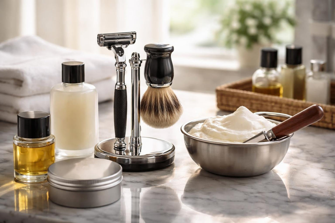 Men using shaving and grooming set for smooth shave