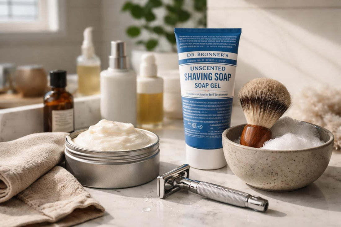 Men's shaving soaps and brush on bathroom counter