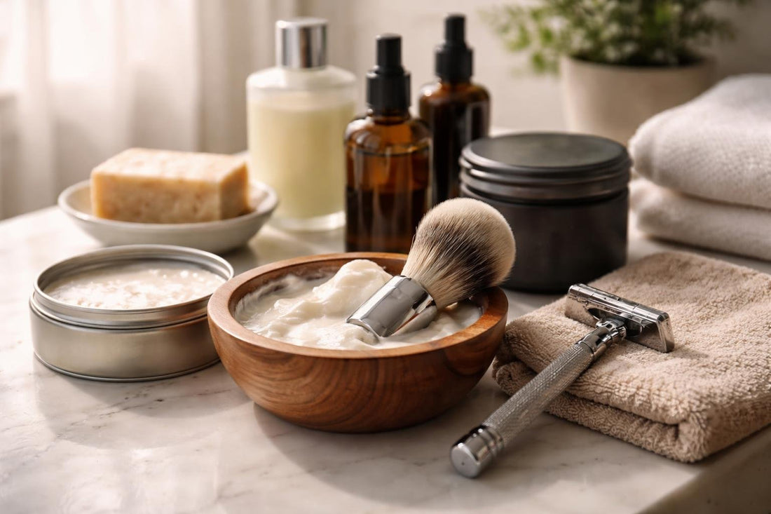 men using shaving soap and brush for sensitive skin
