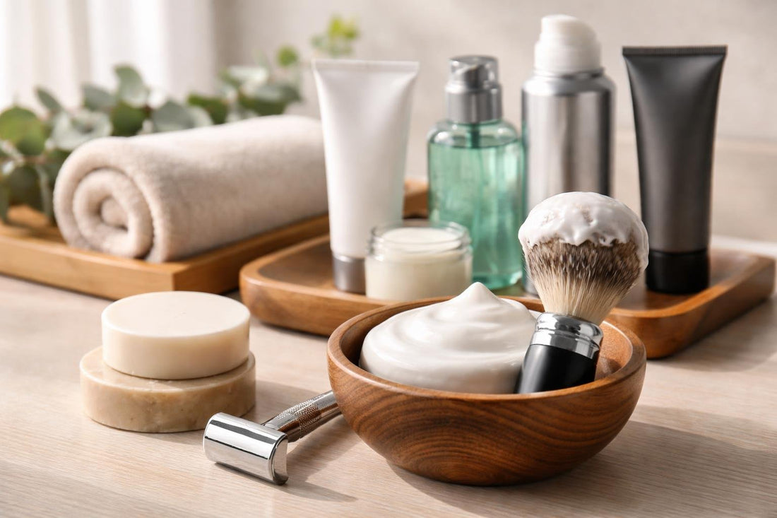 assorted shaving soaps and brush on wooden bowl
