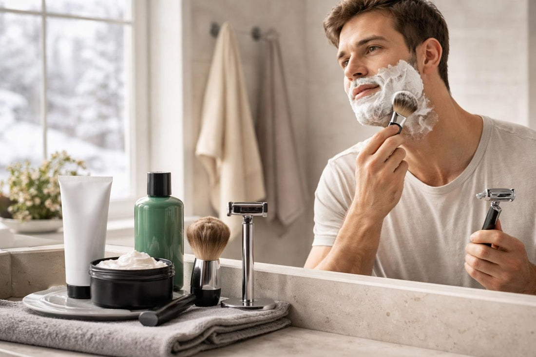 man shaving with cream on face in winter bathroom