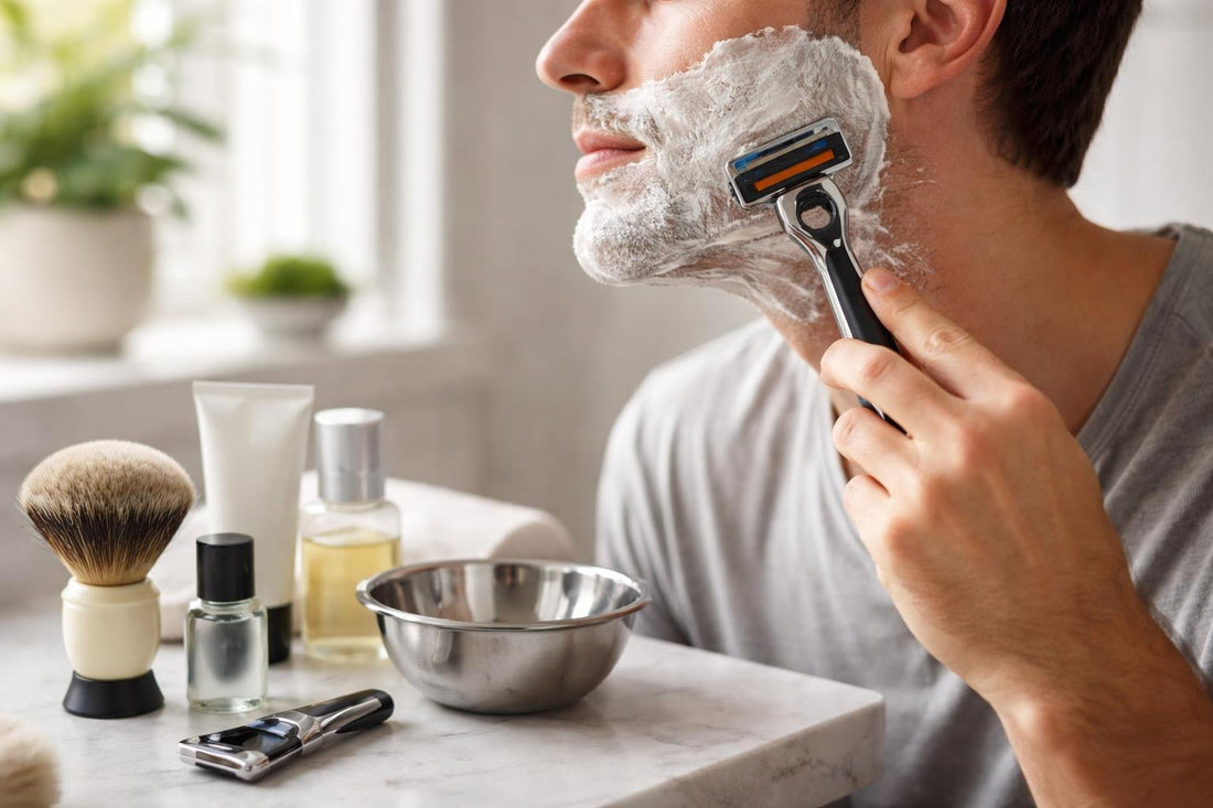 Man shaving with cartridge razor using light pressure