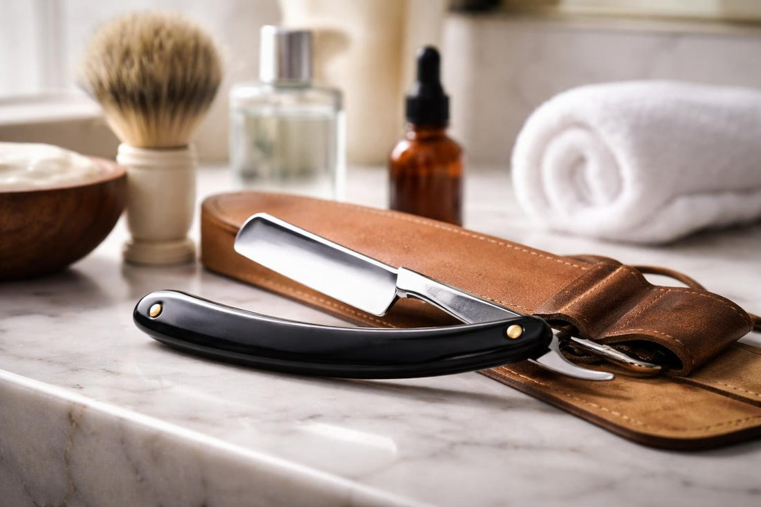 Close-up vintage straight razor and leather strop