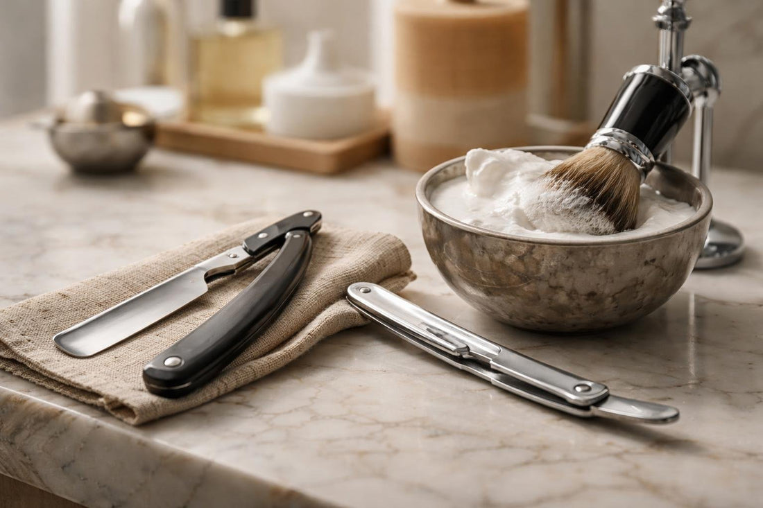 Men’s straight shaving razor setup with brush and lather