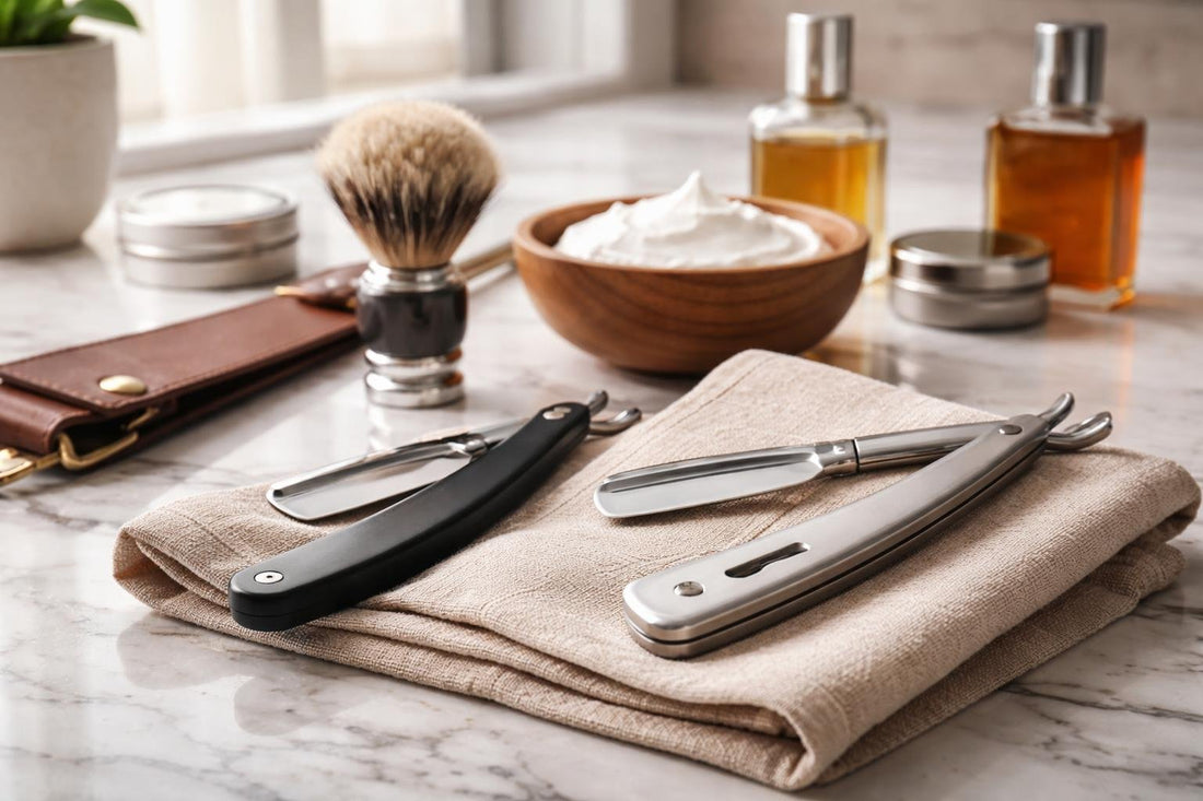 men’s straight razor kit and shavette close-up