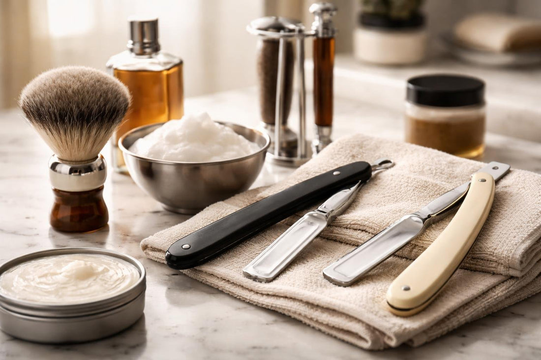Men’s straight razors and shaving kit close-up