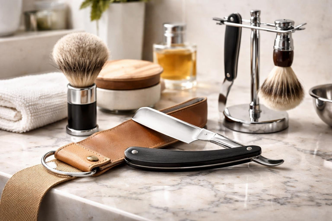 men's straight shaving razor set on counter with strop