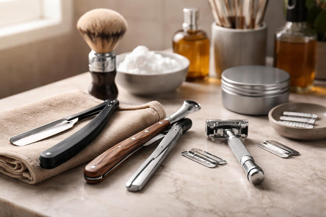 Close-up of men’s straight shaving razors and alternatives