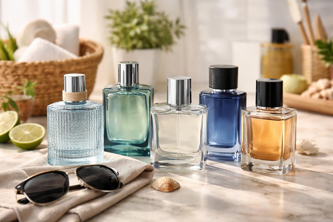 Assorted men’s summer eau de toilette bottles on display