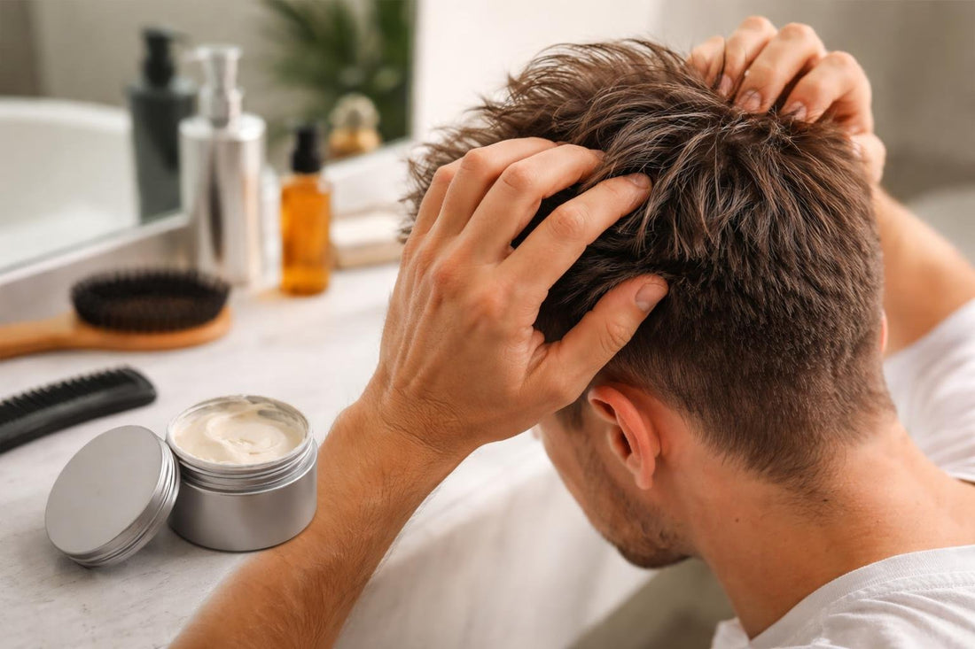 Hands applying hair putty for messy textured short hair