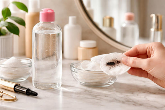 Micellar cleansing water removing waterproof mascara on cotton pad