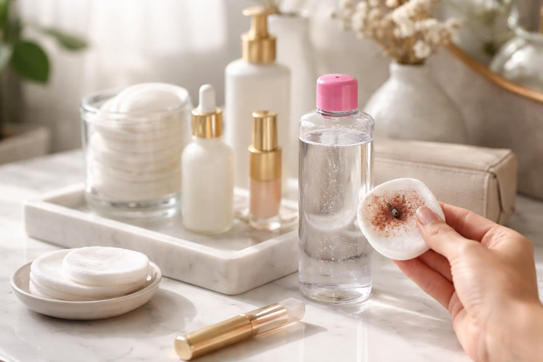 Micellar cleansing water removing makeup on cotton pad