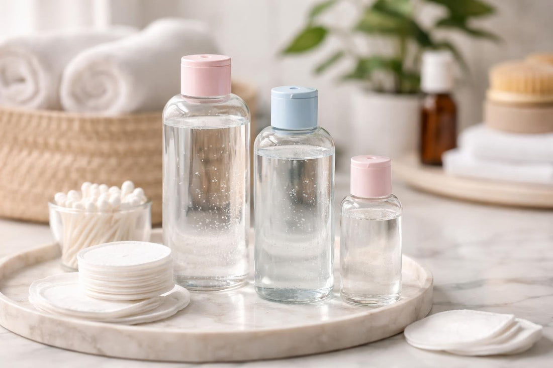 Micellar cleansing water bottles and cotton pads