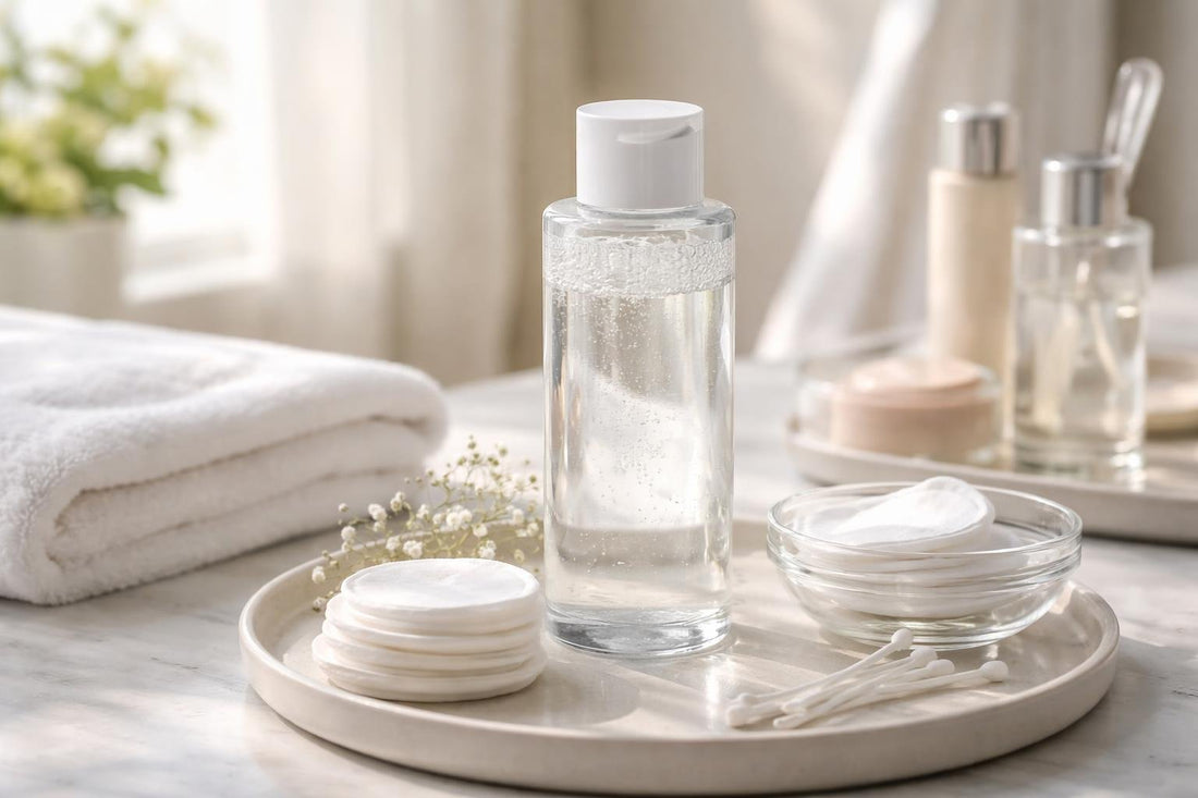 Beginner using micellar cleansing water to remove makeup gently