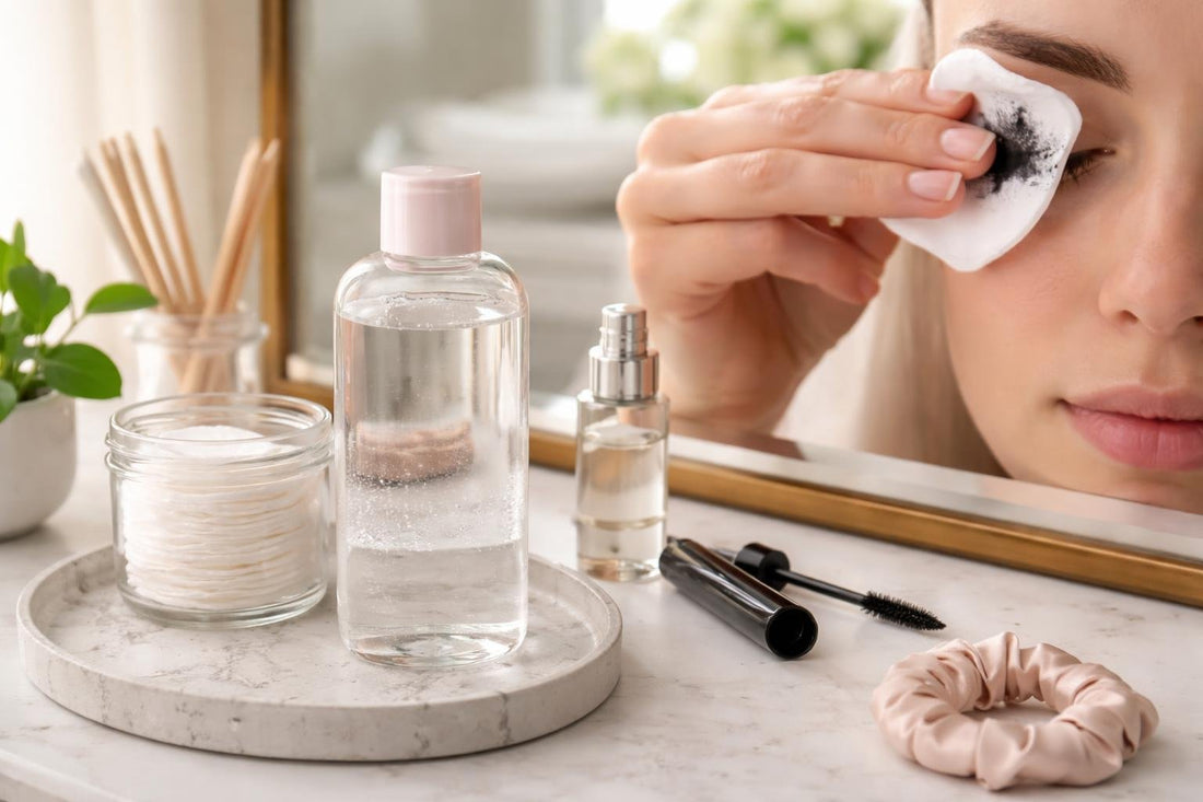 Micellar cleansing water removing waterproof mascara with cotton pad