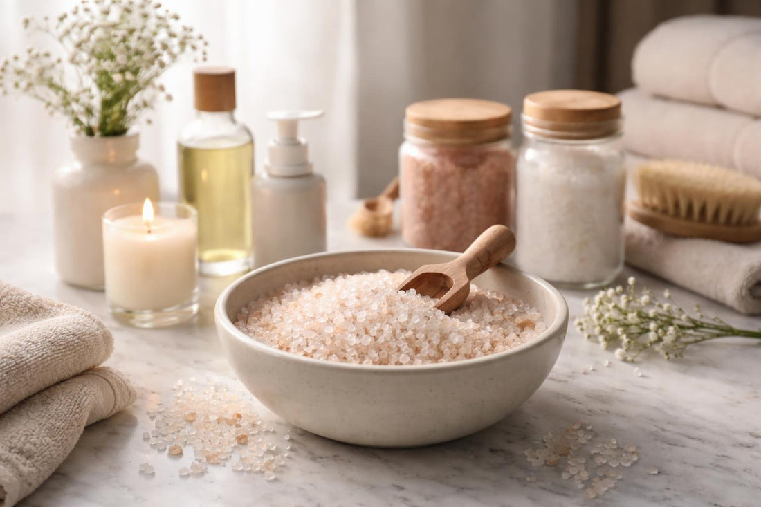 Calm mineral bath salts in ceramic bowl