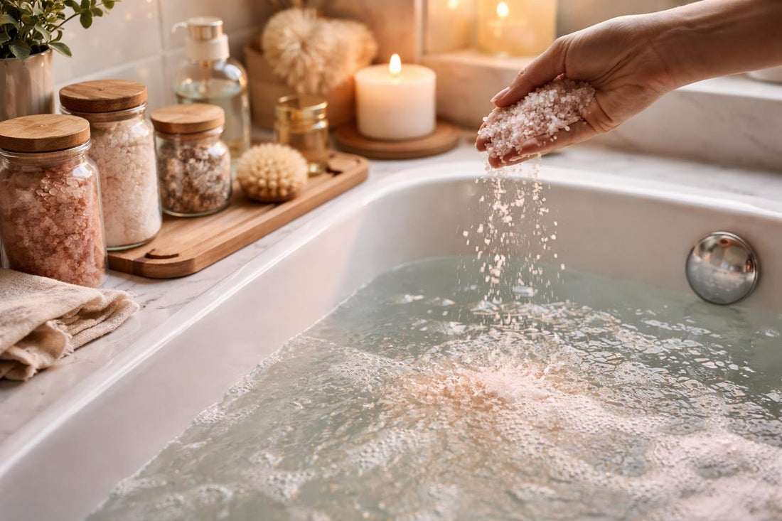 Mineral bath salts dissolving in warm relaxing bath water
