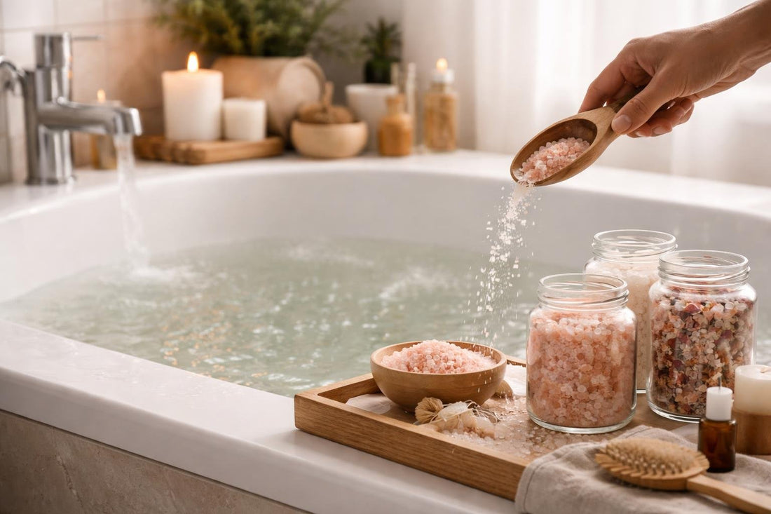 Mineral bath salts poured into warm bathwater at home