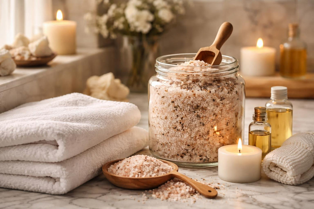 Mineral bath salts tub and towel for winter recovery