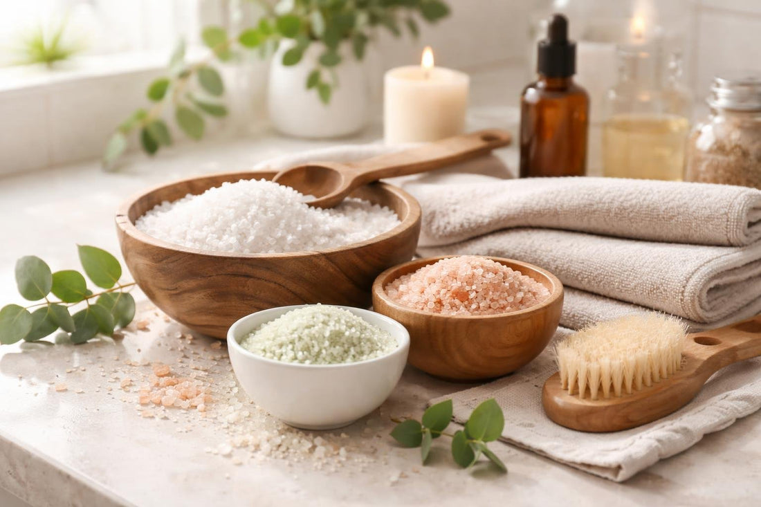 Mineral bath salts in wooden bowls and towels