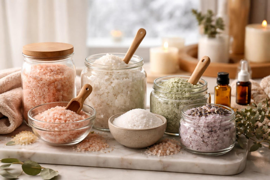 assorted mineral bath salts and flakes in winter bath