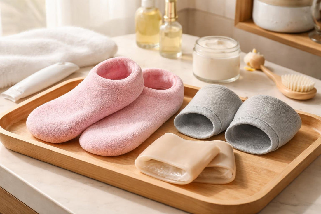 Moisturizing gel socks and heel sleeves on wood