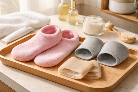 Moisturizing gel socks and heel sleeves on wood