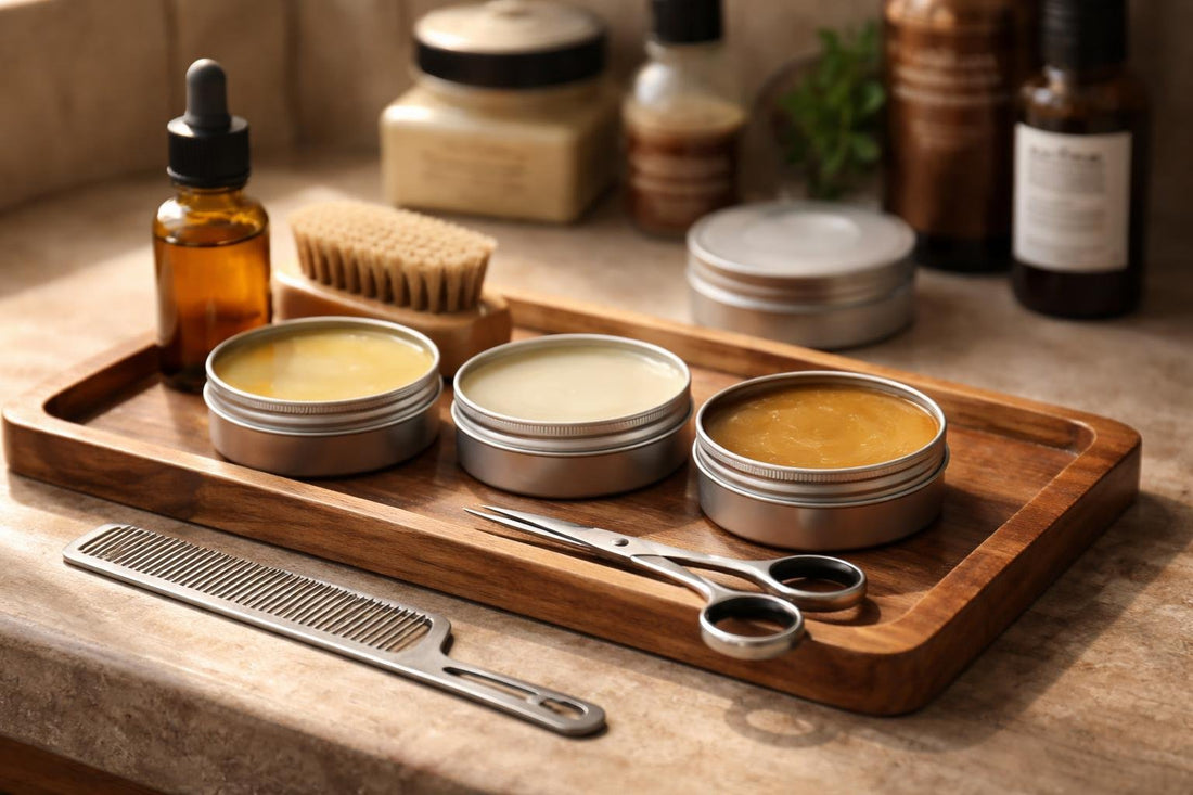 Mustache wax tins and grooming tools on wood