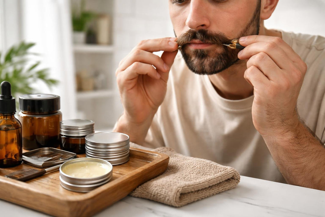 man applying mustache wax with brush