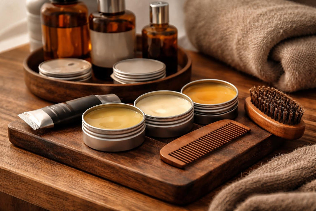 Mustache wax tins, brush, and comb on wood