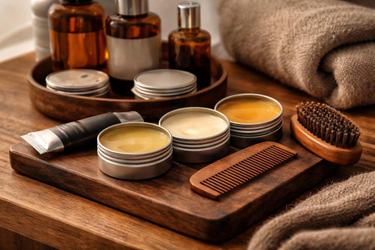 Mustache wax tins, brush, and comb on wood