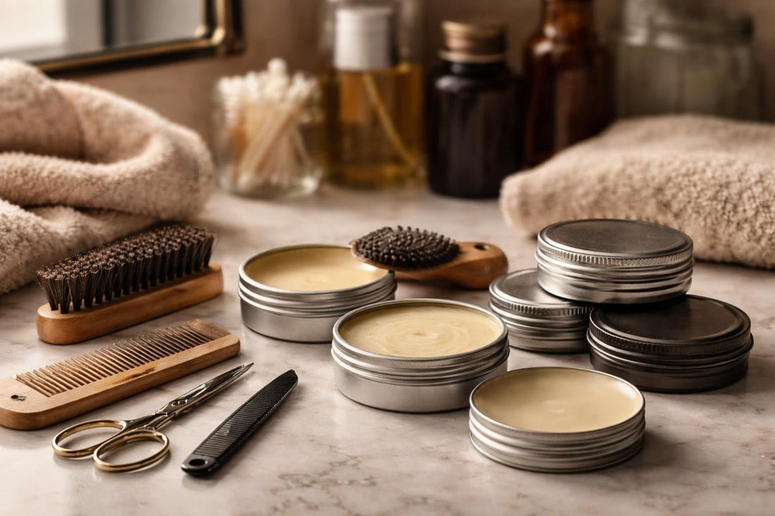 Mustache wax tins and grooming tools for winter hold