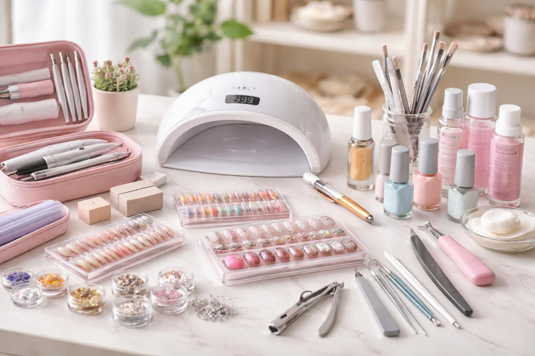 Assorted nail art accessories and starter kits on table