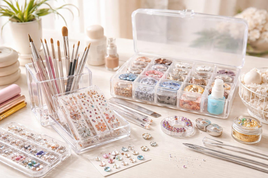 organized nail art tools and decals for troubleshooting