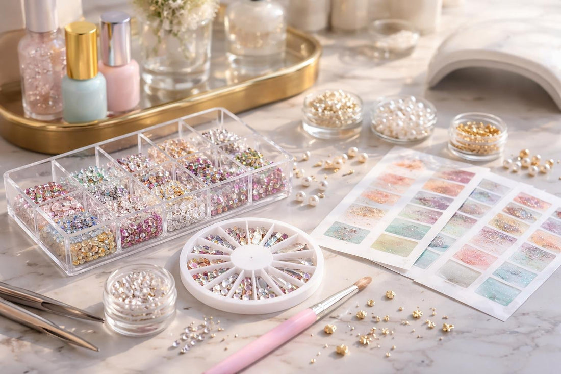 assorted nail art accessories and rhinestones close-up