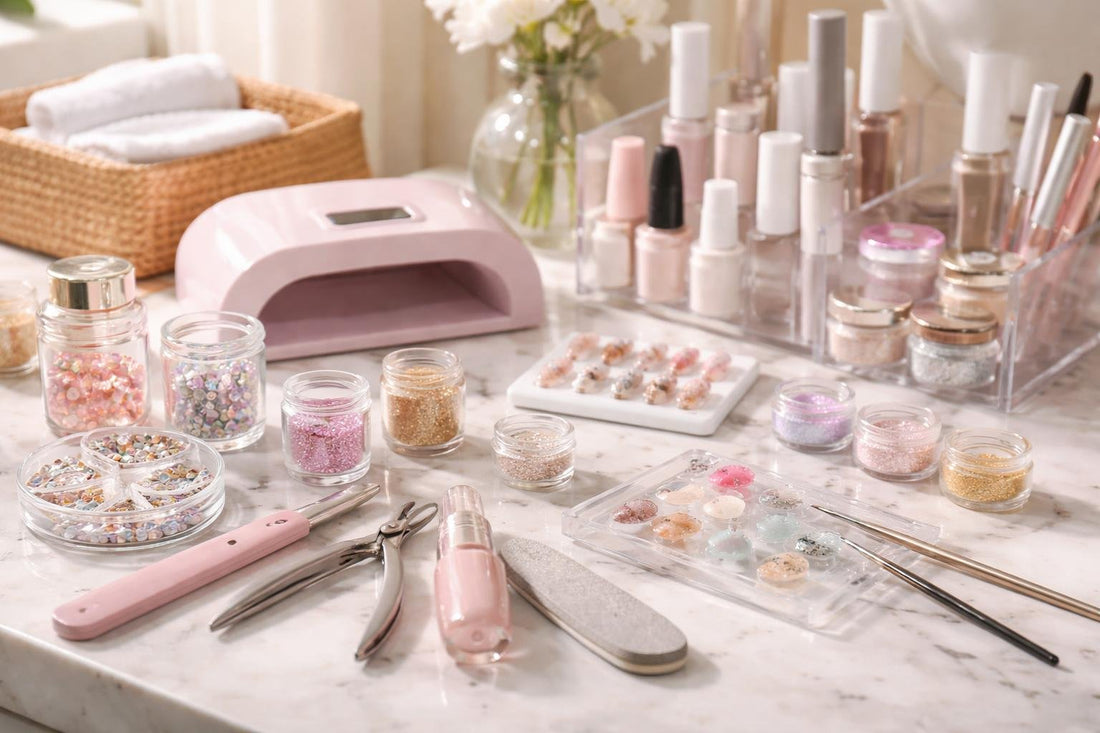 assorted nail art accessories and tools on table