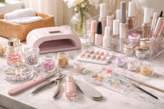 assorted nail art accessories and tools on table