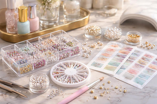 assorted nail art accessories and rhinestones close-up