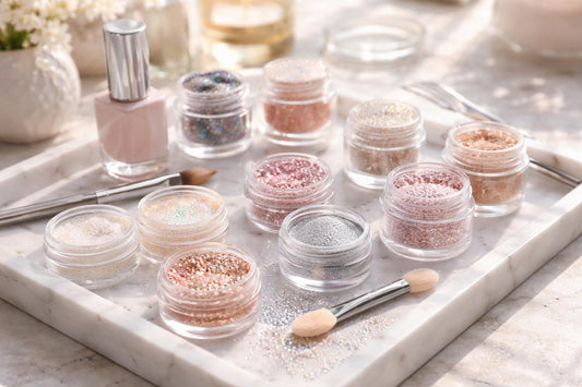 assorted nail art glitters and chrome powders