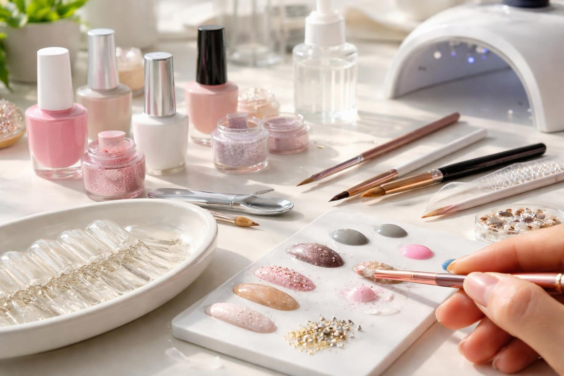 Close-up of at-home nail art practice tools and tips